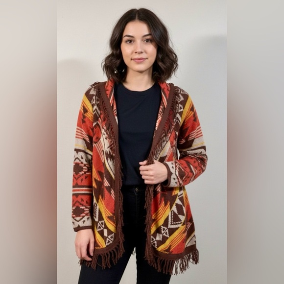 BILLABONG Boho Brown Orange Aztec Southwest Fringe Open No Buttons Cardigan LRG - Picture 1 of 5